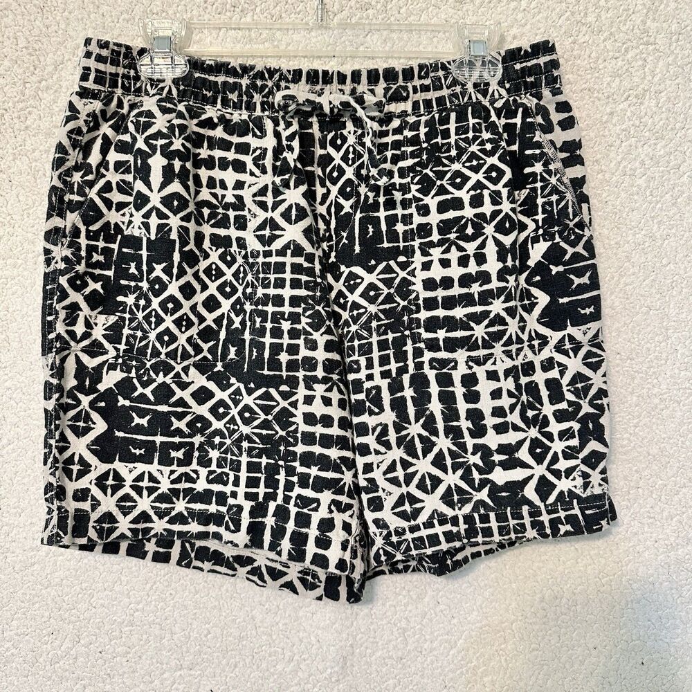 Garnet Hill Shorts Women 10 100% Linen Black Geometric Bermuda Drawstring Ladies